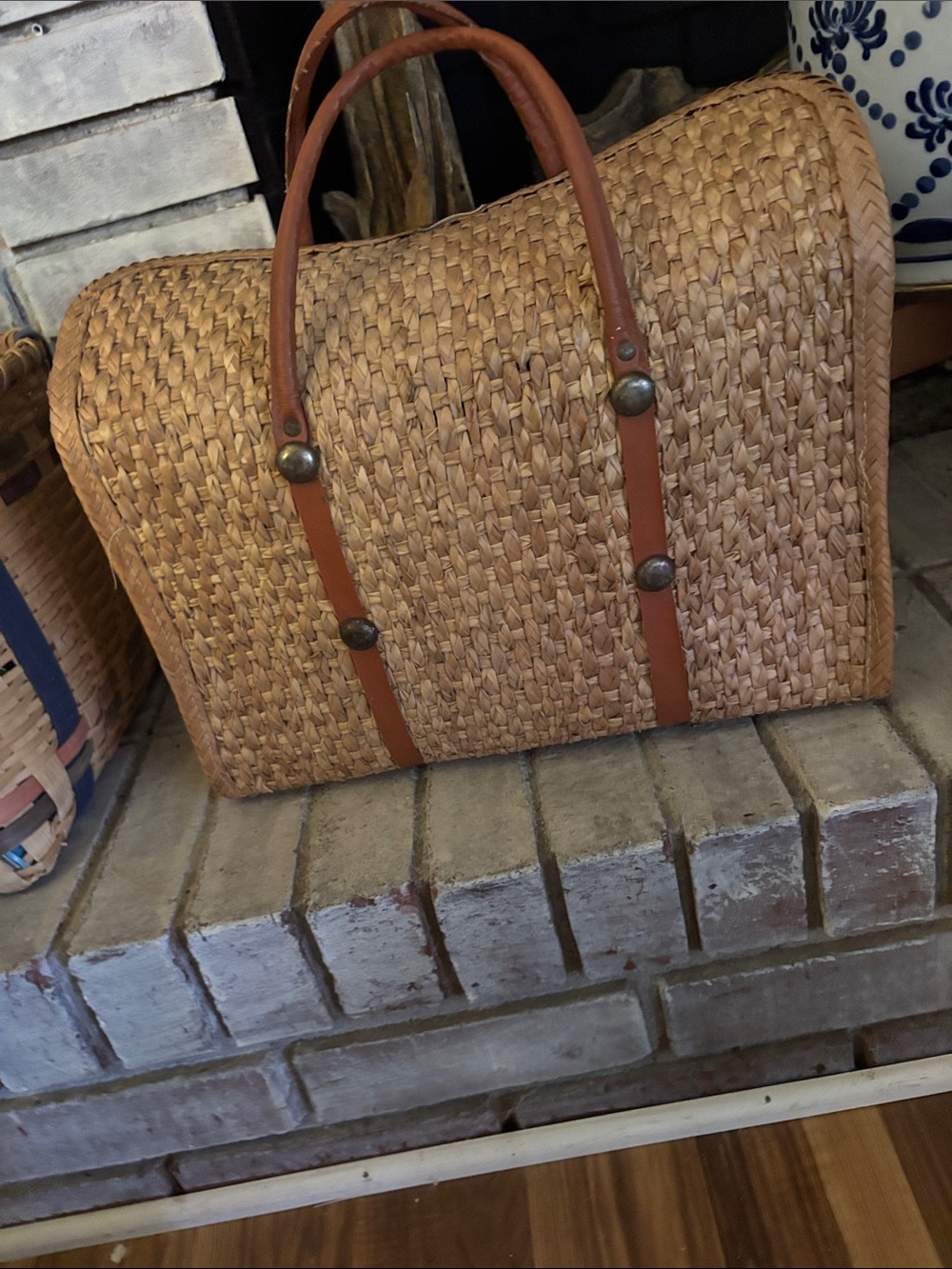 Vintage Woven Straw Tote with Brown Leather Handles - Picture 4 of 7